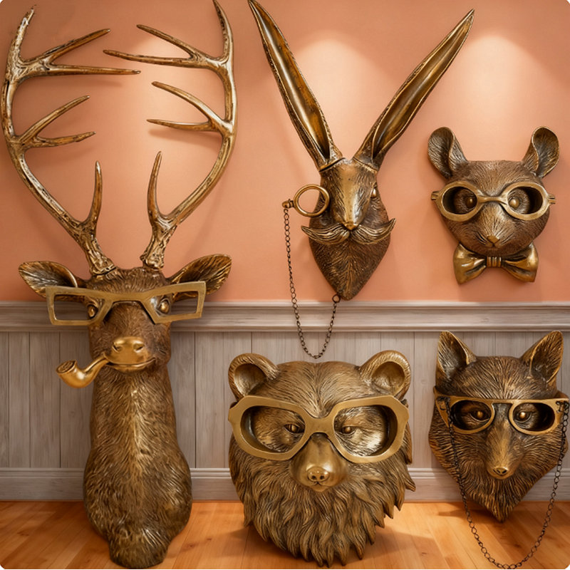 NOUVEAU Ensemble de 5 têtes de bêtes, sculpture murale en métal doré, décoration de chambre à coucher moderne pour hommes et femmes