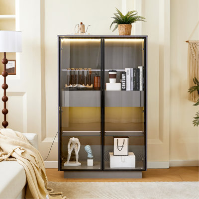 60.6'' Tall Display Cabinet With Tempered Glass Door, LED Lighting, Two Drawers, Modern Style Storage Cabinet For Living Room, Office & Study, Grey