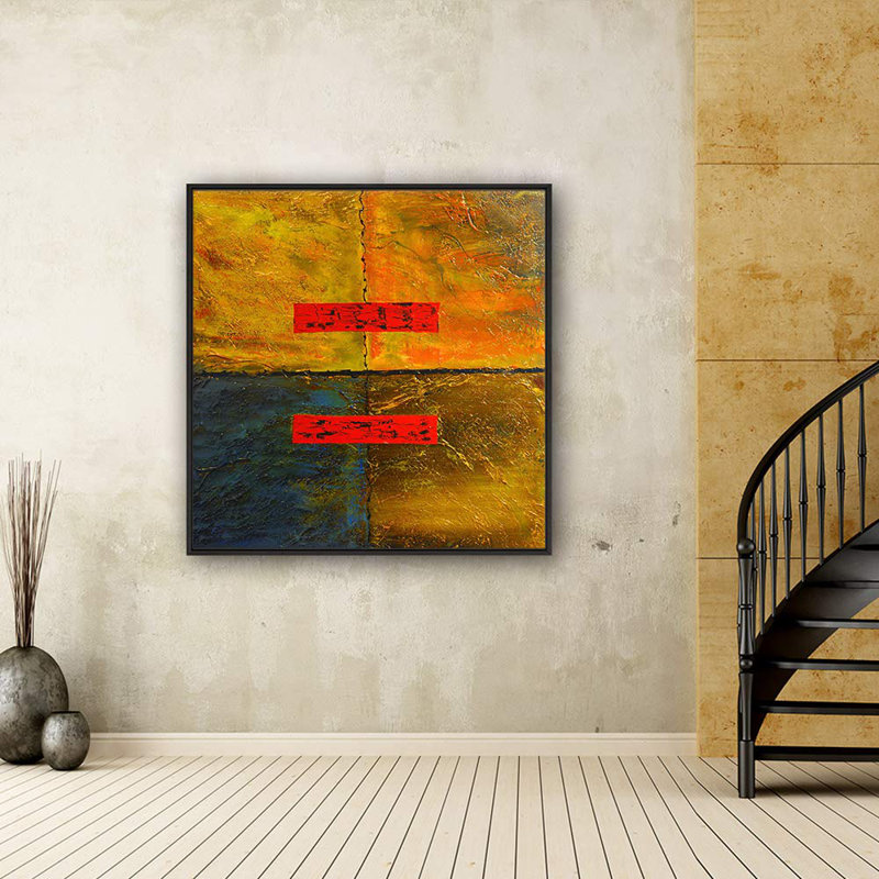 «Red Color Blocks On», toile de fond texturée jaune, formes géométriques, art moderne dramatique foncé, impression sur toile