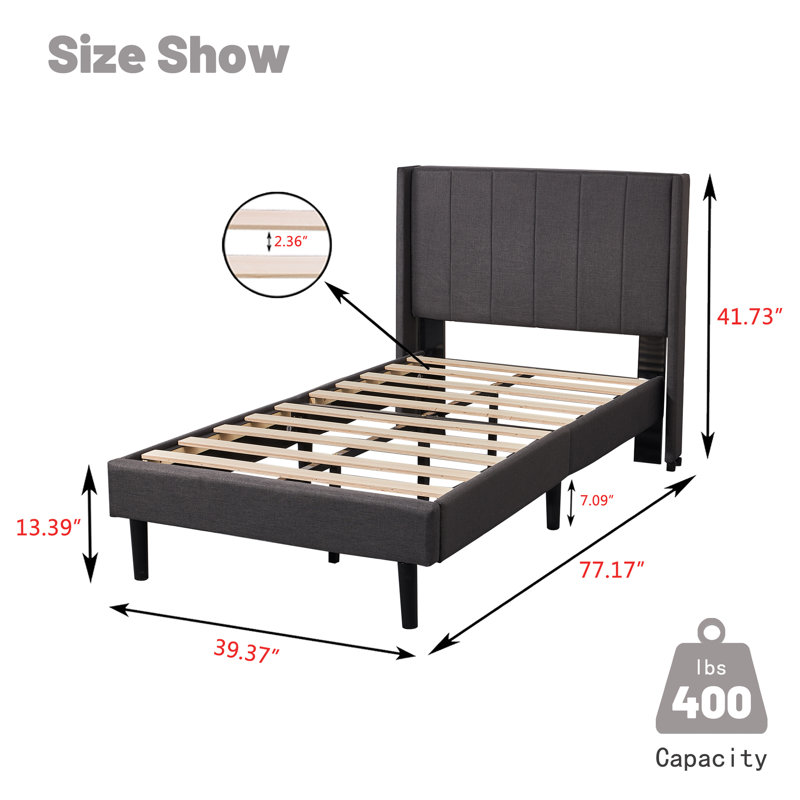 Upholstered Wingback Bed, Full, Light Gray