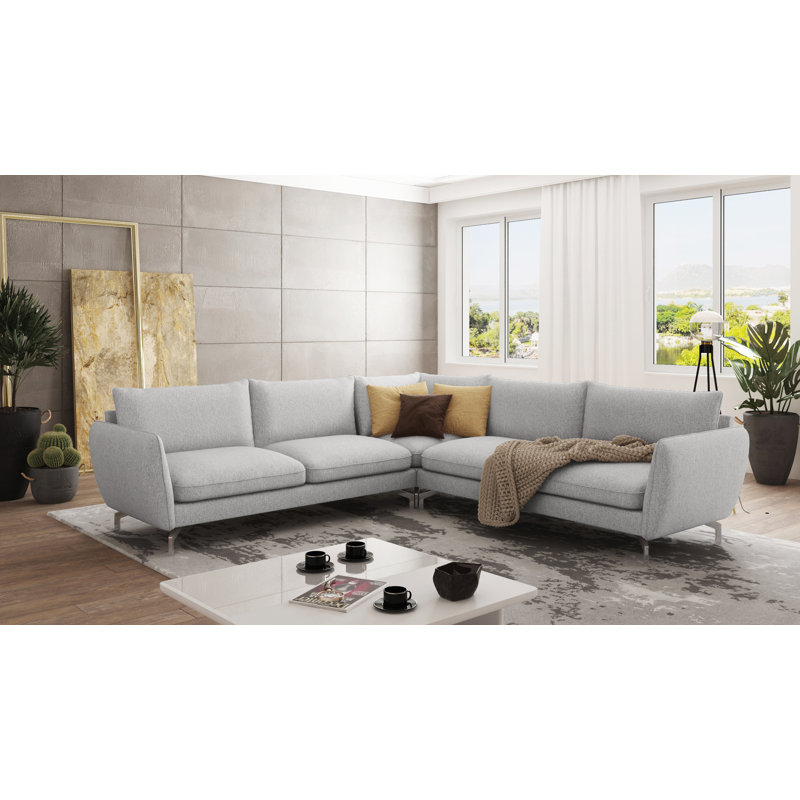 Modern L-Shape Corner Sofa  with Silver Metal Legs, Silver