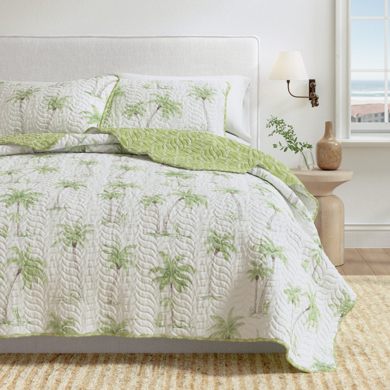 Ensemble de courtepointe réversible vert / blanc Palm Tree, Courtepointe double / grand + 2 taies décoratives