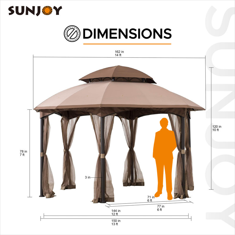 Sunjoy 13.5 ft. x 13.5 ft. Brown Steel Gazebo with 2-tier Tan and Brown Dome Canopy