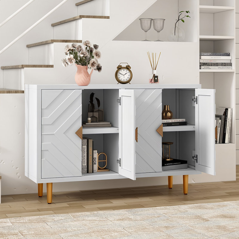 Shonnell 47.8'' Modern Sideboard Cabinet with 4 Embossed Pattern Doors for Kitchen, Living Room, White