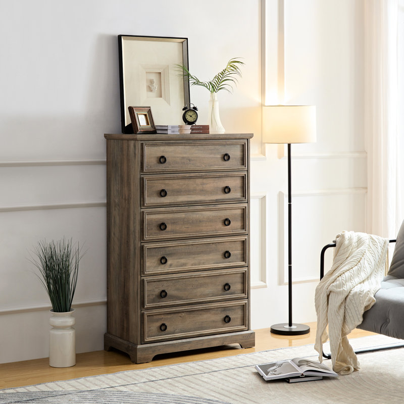 Commode de chambre à coucher 6 tiroirs - Bordures texturées, surmatelas, tiroirs gris délavé, assemblage facile,
