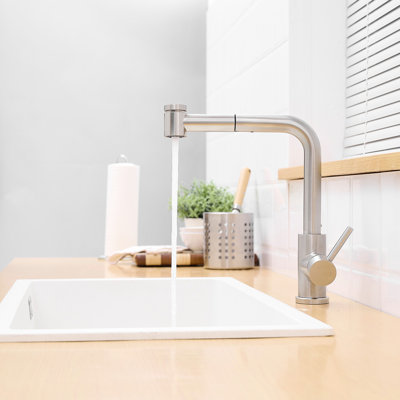 Brushed Nickel Kitchen Faucet With Pull-Out Spray, Contemporary Look, Stainless Steel, Ceramic Single Handle Faucets Pull Down , Modern Appearance, Filler