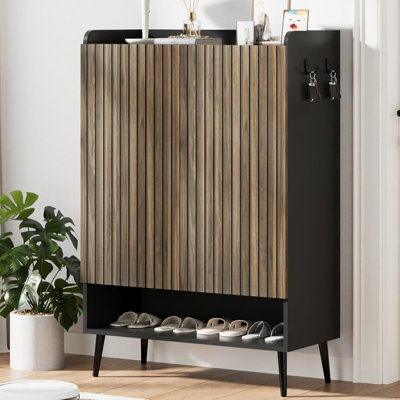 Large 6-Tier Shoe Cabinet with 3 Doors & Built-In Hooks, 30+ Pair Capacity, Handleless Design, Robot Vacuum Friendly for Entryway, Hallway, Living Room