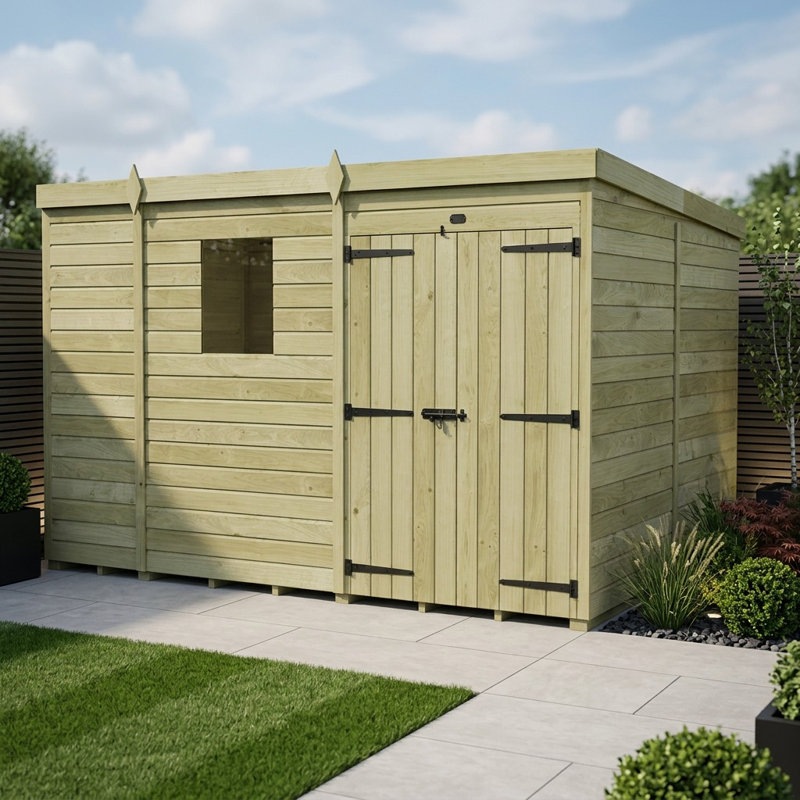 Total Sheds 9ft x 8ft Pent Garden Shed - Double Door - With Windows - Pressure Treated Timber - UK Manufactured
