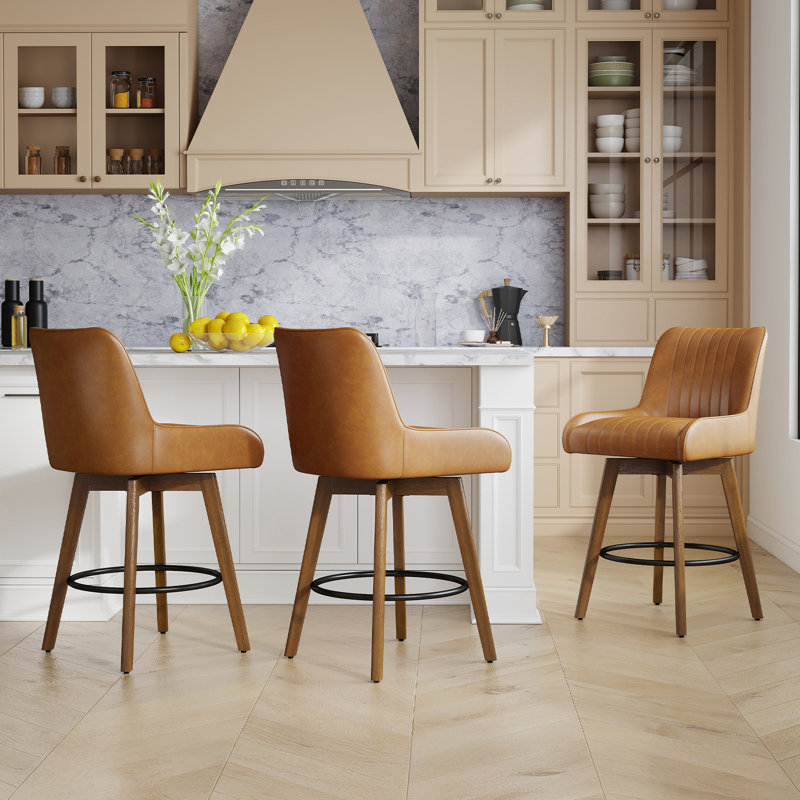 Extra-Wide 360° Swivel Bar Stool With Pocket Spring Seat & Solid Wood Base, Brown