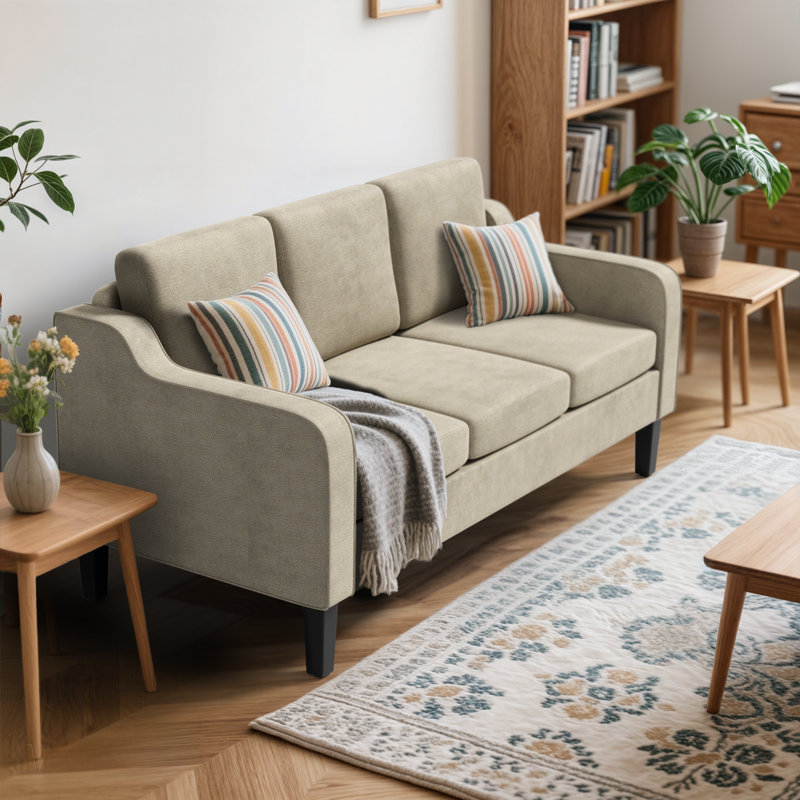 Upholstered 3-Seater Sofa, 3 Person Seat Couch With Scooped Armrest, Wood Legs And Removable Cushions, Beige