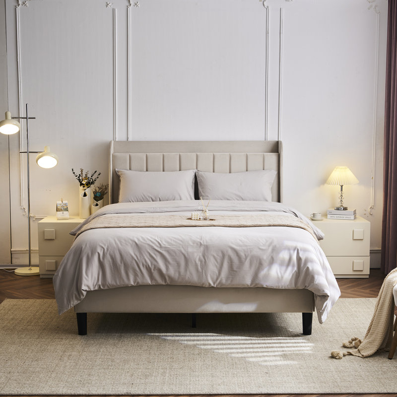 Queen Off-White Velvet Upholstered Platform Bed with Tufted Headboard