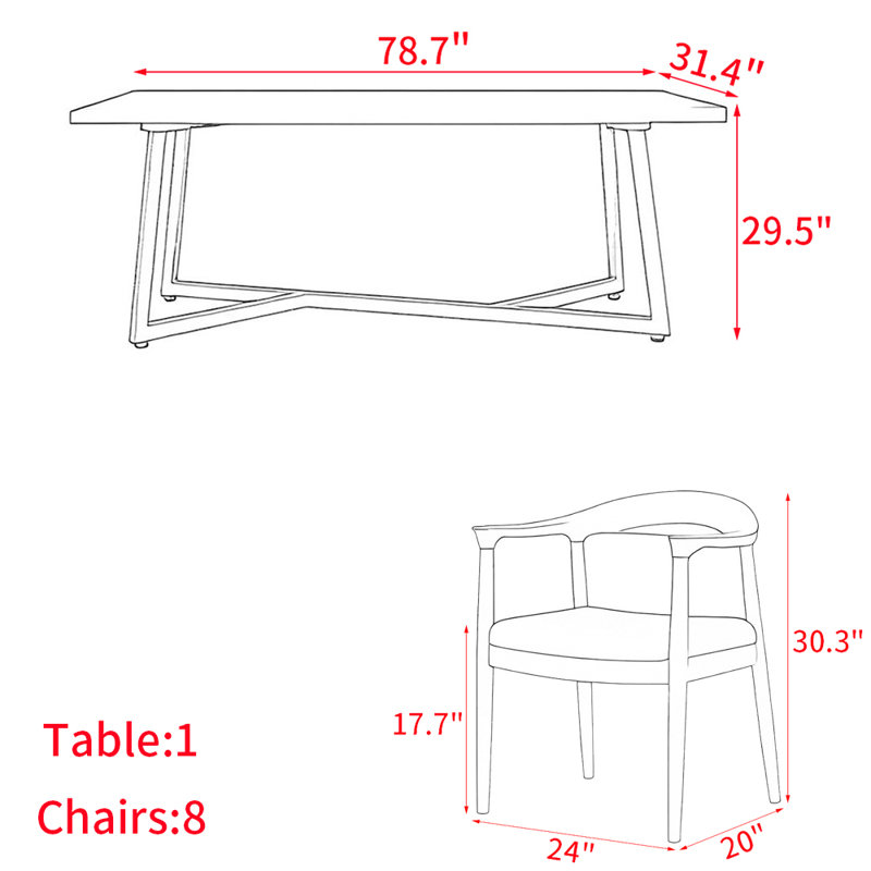 Ensemble de table de salle à manger en bois massif de style américain, H 29,5 po x L 78,7 po x l 31,4 po