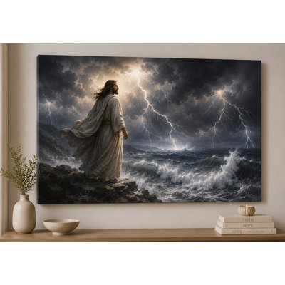 Grand Jésus marchant à travers la tempête, impression sur toile murale 24 x 36 pouces, décoration dramatique de la foi dans l'océan