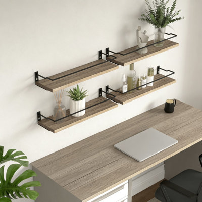 Floating Bathroom Shelves Set Of 4 With Guardrail, Rustic Wall Mounted Storage Shelves For Bathroom, Bedroom, Or Living Room, Over Toilet Space-Saving Solution