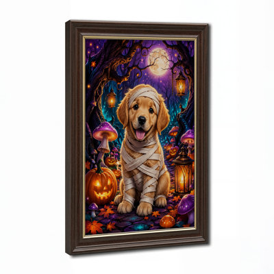 Golden Retriever Puppy Mummy in Purple Mushroom Halloween Canvas Wall Art