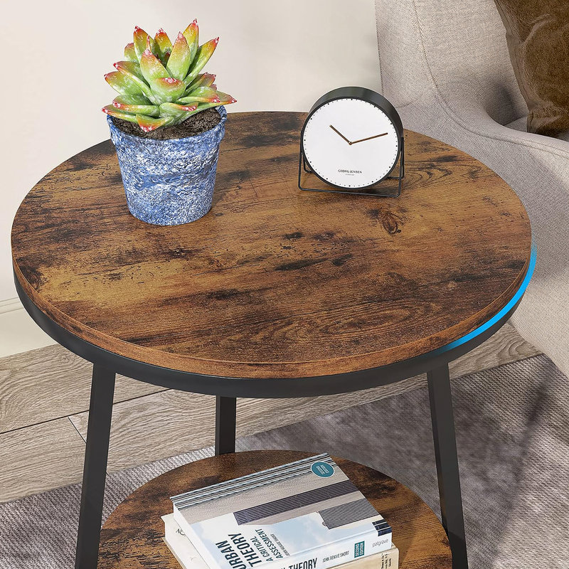 Table de bout industrielle 19,68 pouces avec tablette de rangement, table d'appoint ronde à 2 niveaux pour petits espaces, brun rustique, table de chevet robuste ou table basse