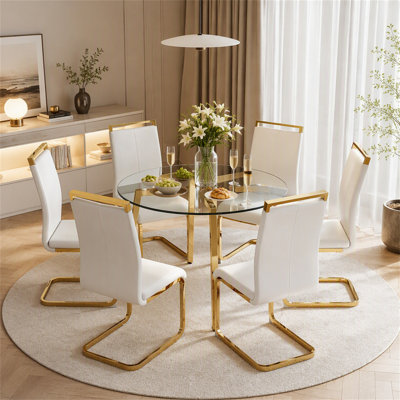 Table circulaire moderne en verre trempé transparent de style minimaliste, plateau en verre trempé, pieds en métal doré, convenant à la cuisine, à la salle à manger et au salon, 42 po x 42 po x 29,5 po 1123r