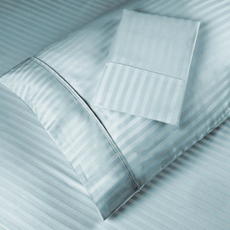Ensemble de taies d'oreiller rayées en mélange de coton égyptien certifié 400 fils Scotia, Très grand lit, Bleu clair