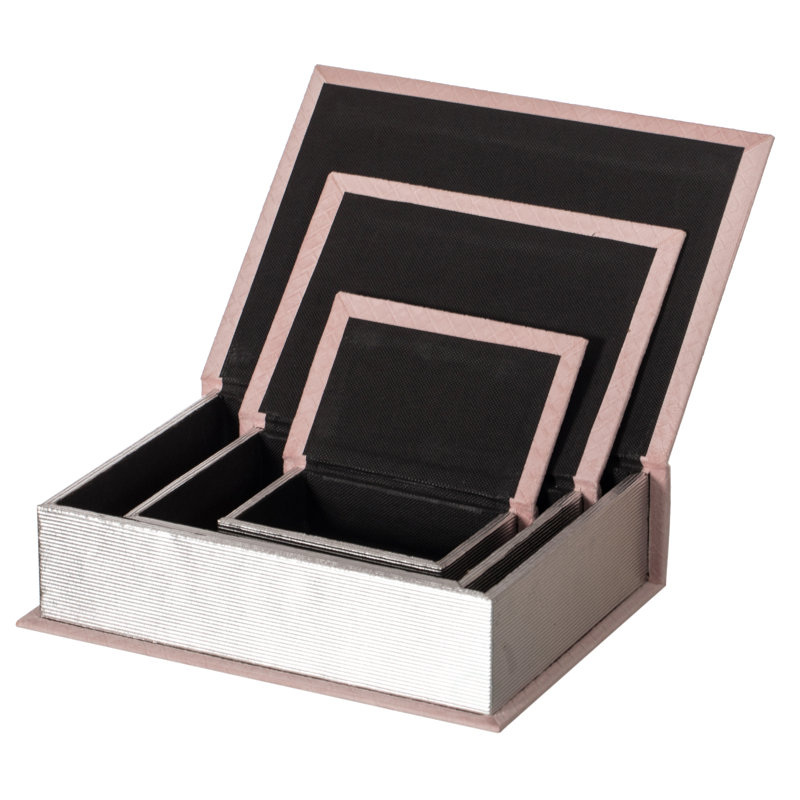 Pink Velvet Antique Wooden Lidded Storage Box Set