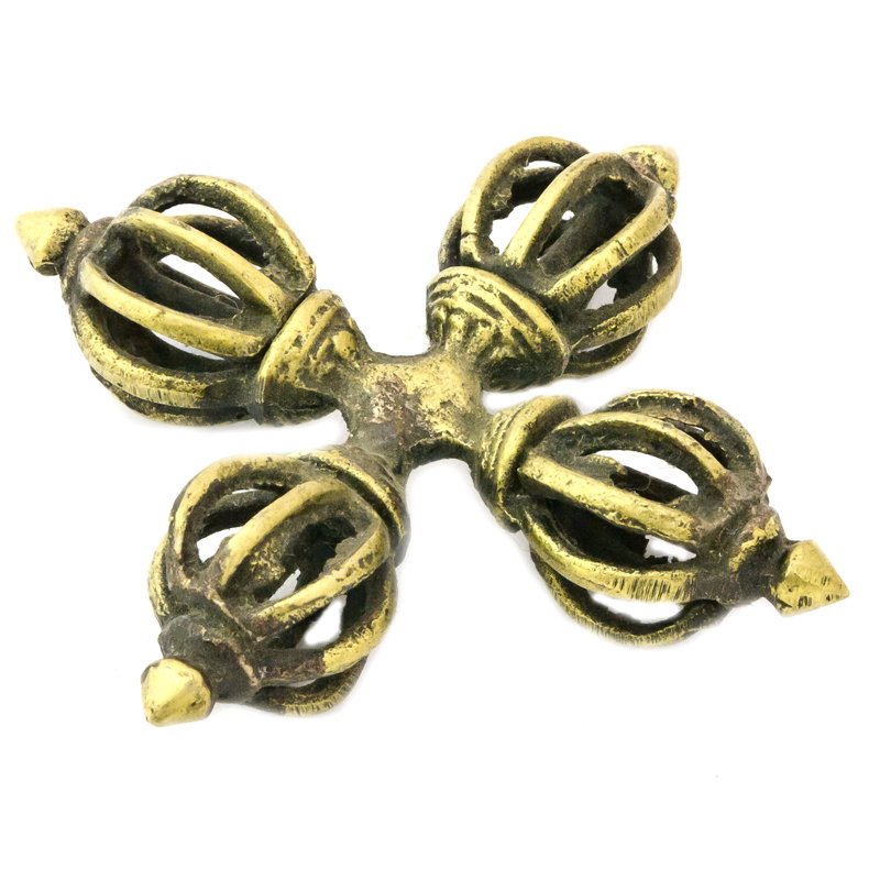 Petite sculpture bouddhiste tibétaine double Dorjé - Sculpture Vajra en laiton fabriquée à la main - Décoration spirituelle, fabriquée en Inde