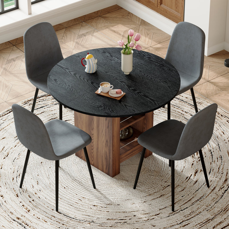 Table de salle à manger 42 "Mid-Century, Noir, 5 pièces: table, 4 chaises, Gris clair