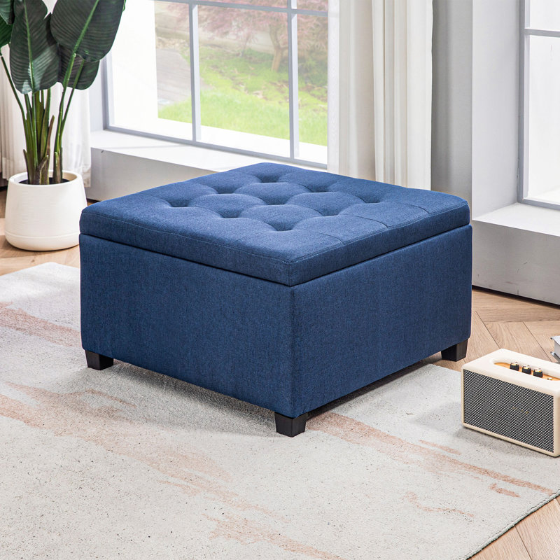 Repose-pieds de rangement capitonné en tissu avec couvercle de siège rabattable, charnière en métal et structure stable en bois d'eucalyptus pour le salon, l'entrée ou la chambre à coucher