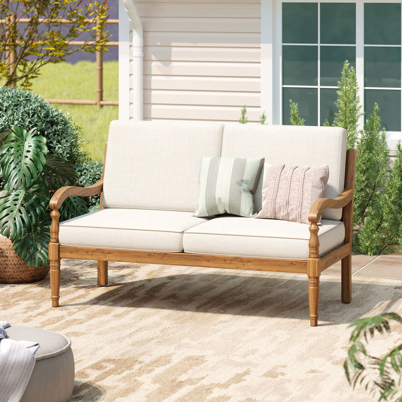 Causeuse d'extérieur en bois d'acacia avec coussins, finition naturelle avec tissu beige