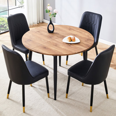 Round Wood Table : Extendable Dining And Armless Pu Chairs With Dual - Color Cushions, Vertical Stripe Design, Metal Legs Slip Gold Decorated Feet Des by George Oliver