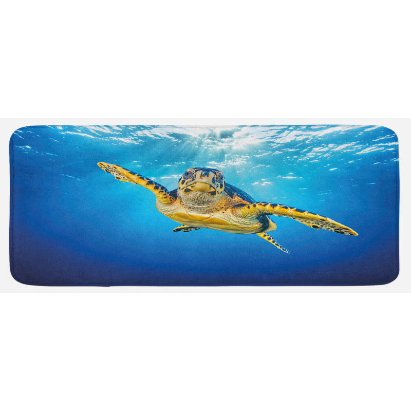 Tapis de cuisine jaune foncé bleu foncé "eretmochelys imbricatas dans les eaux bleu océan