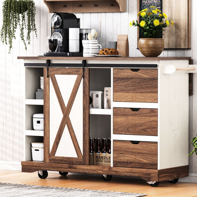 Îlot de cuisine 55,5 po, abattant, porte de grange, prise de courant, étagère à épices, rangement, tablette coulissante décorative, rangement