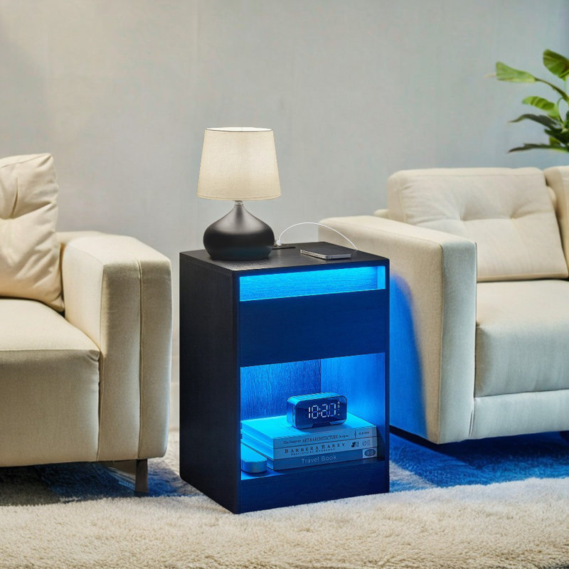 Side End Table With Adjustable Led Lights, Black