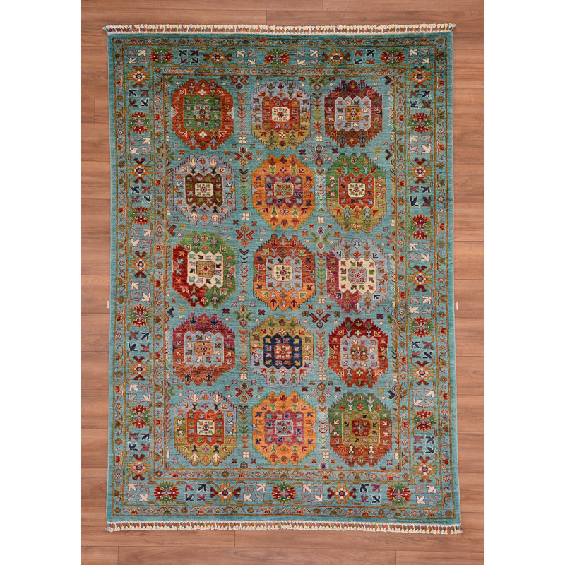 Tapis bleu sarcelle en laine et coton Original