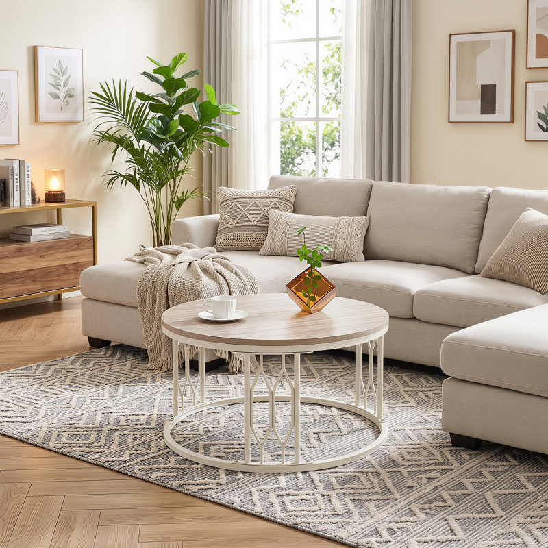 Table basse ronde de 27,5 po avec plateau en grain de bois et base géométrique en métal, Blanc