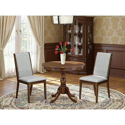 Ensemble de 3 pièces de table à manger comprenant 1 table de salle à manger en bois et 2 chaises parsons en tissu de lin gris à haut dossier - finition noyer antique
