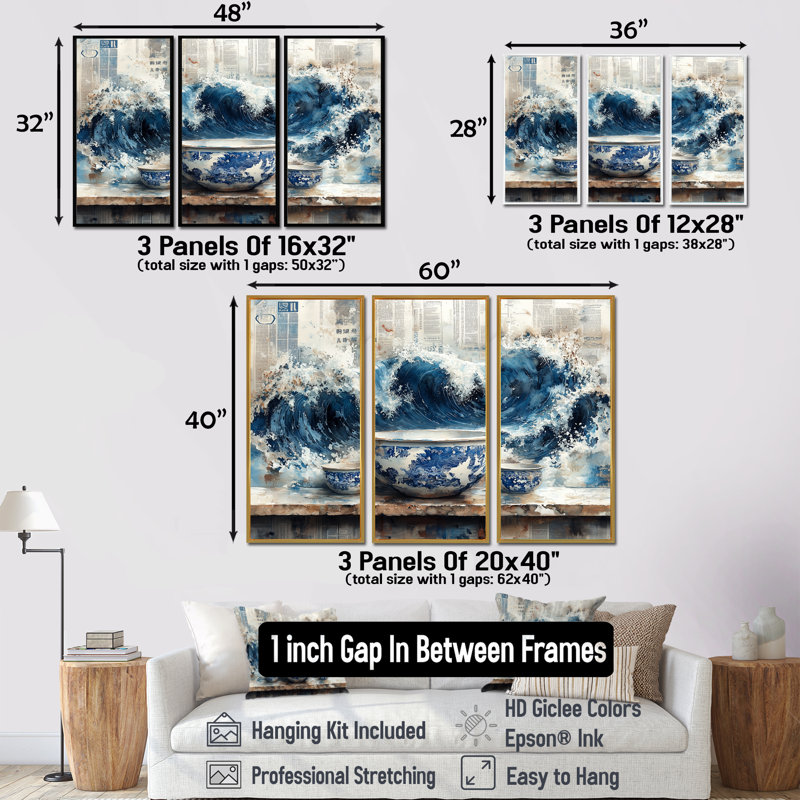 «China S Edge of Wonder Chinoiserie Pottery V - Boho Pottery», ensemble d'art mural, H 28 po x l 36 po x P 1 po