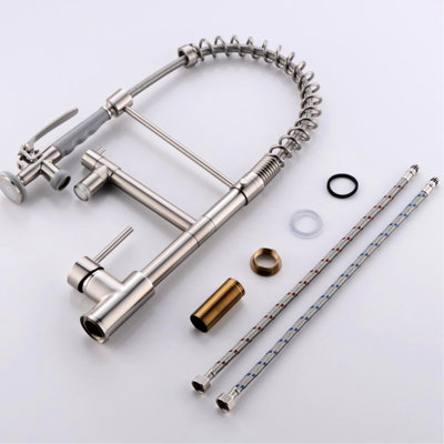 Robinet de cuisine escamotable chaud et froid - Nickel brossé, remplissage en céramique, matériau entièrement en laiton, aspect contemporain en nickel, rouille,