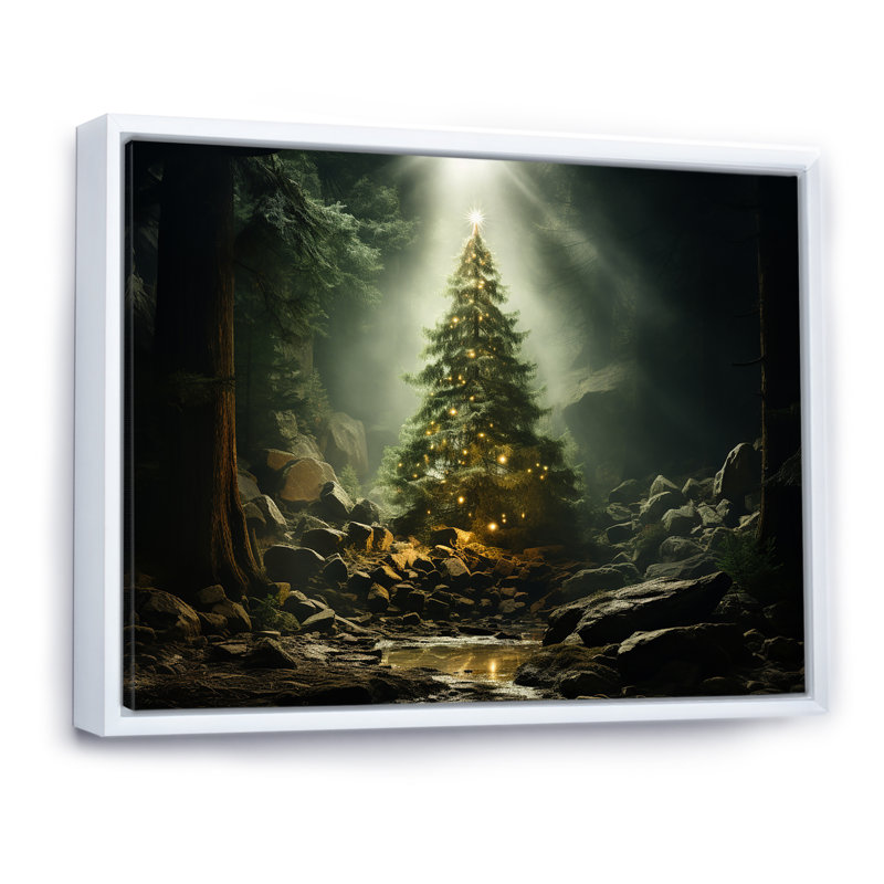 Arbre de Noël vert magique - décoration murale paysage d'hiver, Cadre flottant blanc, H 34 po x l 44 po x P 1,5 po