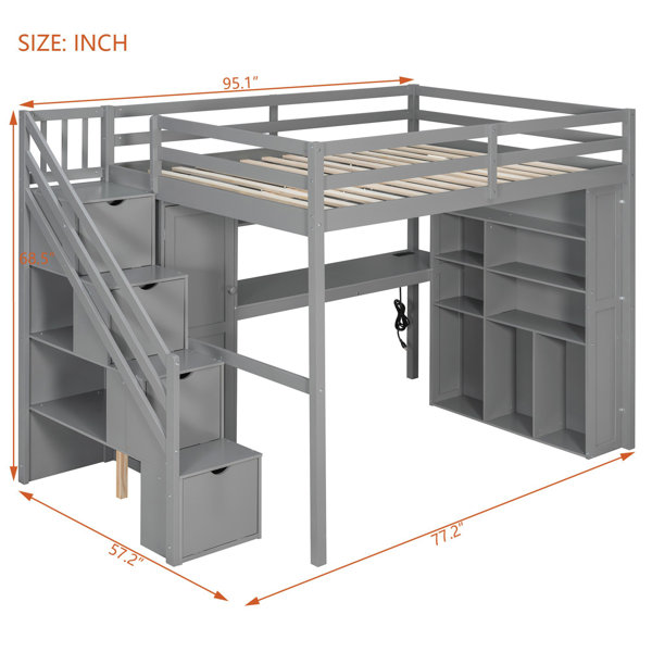 Harriet Bee Solid Wood Full Loft Bed Frame with Built-In Wardrobe ...