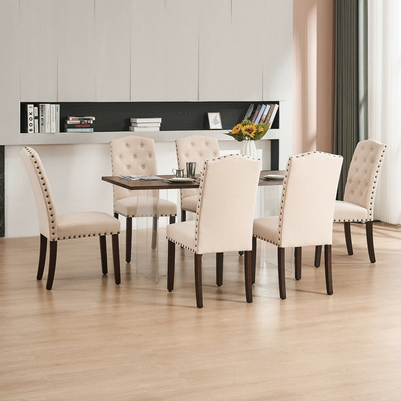 Beige Linen Tufted High Back Parsons Dining Chairs Set of 4