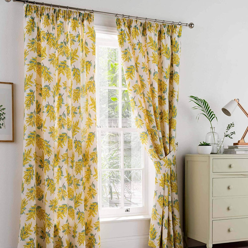 Mimosa Flower Pencil Pleat Room Darkening Curtains, 229 W x 183 D cm