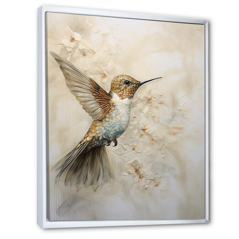 Colibri floral flottant III - Art mural colibri pour le salon, 44" H x 34" W, Cadre flottant blanc