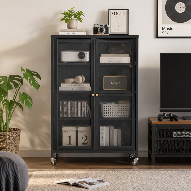 Rolling Media Cabinet on Wheels, 35.8" High AV Stereo TV Stand with 4 Adjustable Glass Shelves & Door, Heavy‑Duty Steel Frame Media Console for Living Room