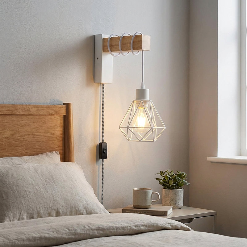 Industrial Plug in Wall Sconce with Metal Cage Shade, Rustic Pipe Wall Lamp for Bedroom, Loft, Hallway and Farmhouse Living Room