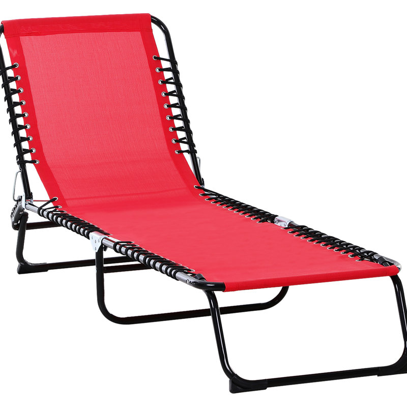 Yard Patio Relax Chair. 4 Adjustable , Breathable Mesh. With Pillow, Bungee Seat. Red Folding Chaise Lounge Pool Chair, Sun Tanning Chair For Beach, Yard, Patio. Reclining Back, Mesh &