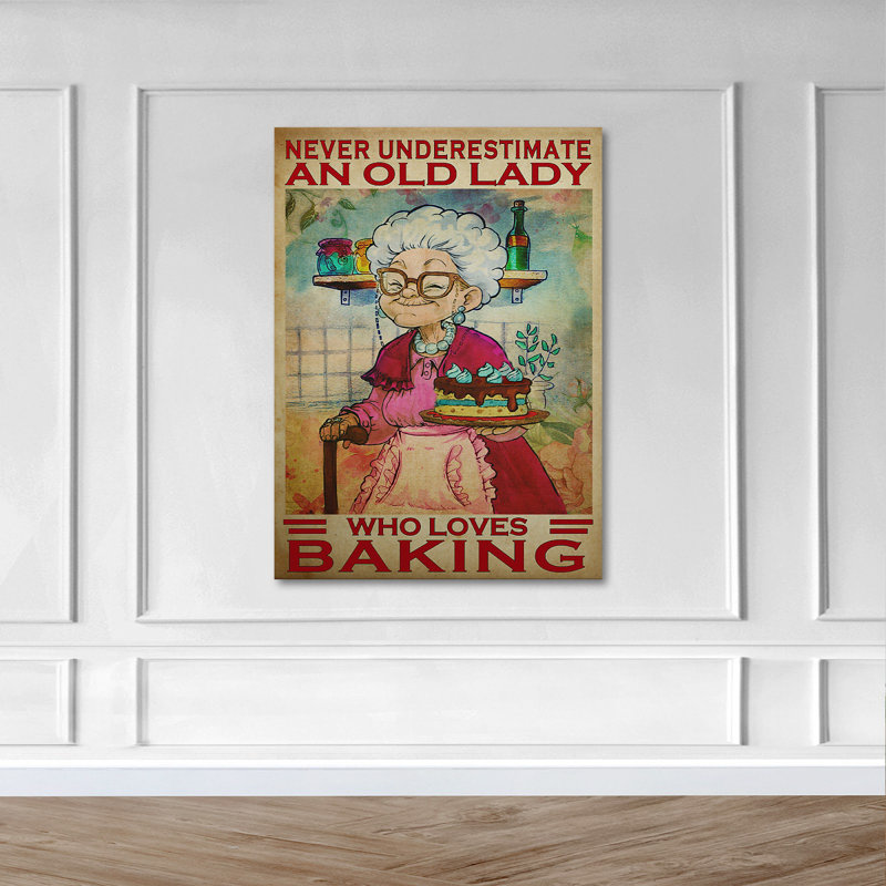 Une vieille dame qui aime la cuisson sur toile tendue, décor de cuisine rose et bleue, H 14 po x l 11 po x P 2 po