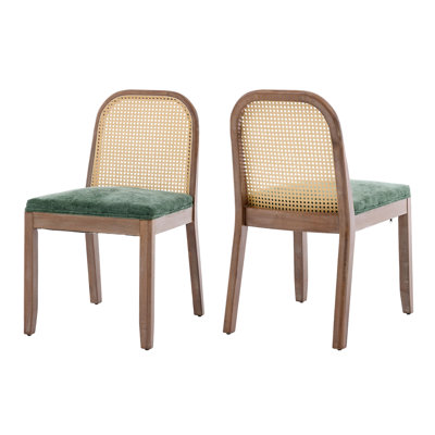 Curved rattan-backed dining chairs, mid-century farmhouse-style side chairs, chenille armless decorative kitchen chairs (set of 2)