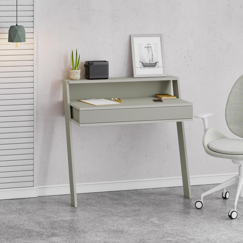 Cowork Modern Desk Dark Oak Wall Mounted With Drawer, Green