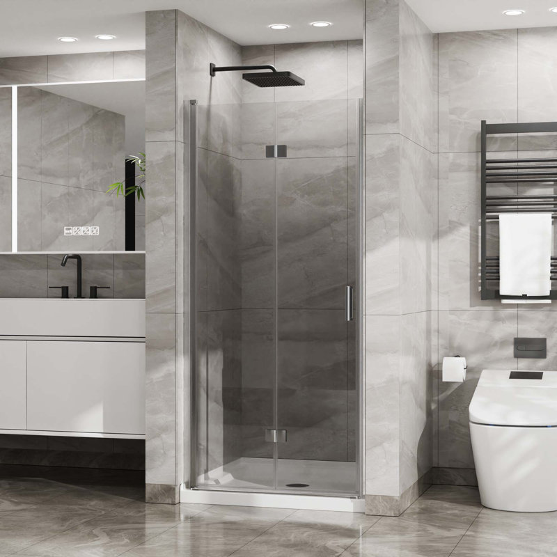 Porte de douche pivotante, porte de douche en verre trempé épais de 1/4 po d'épaisseur, conception sans cadre, Chrome chrome