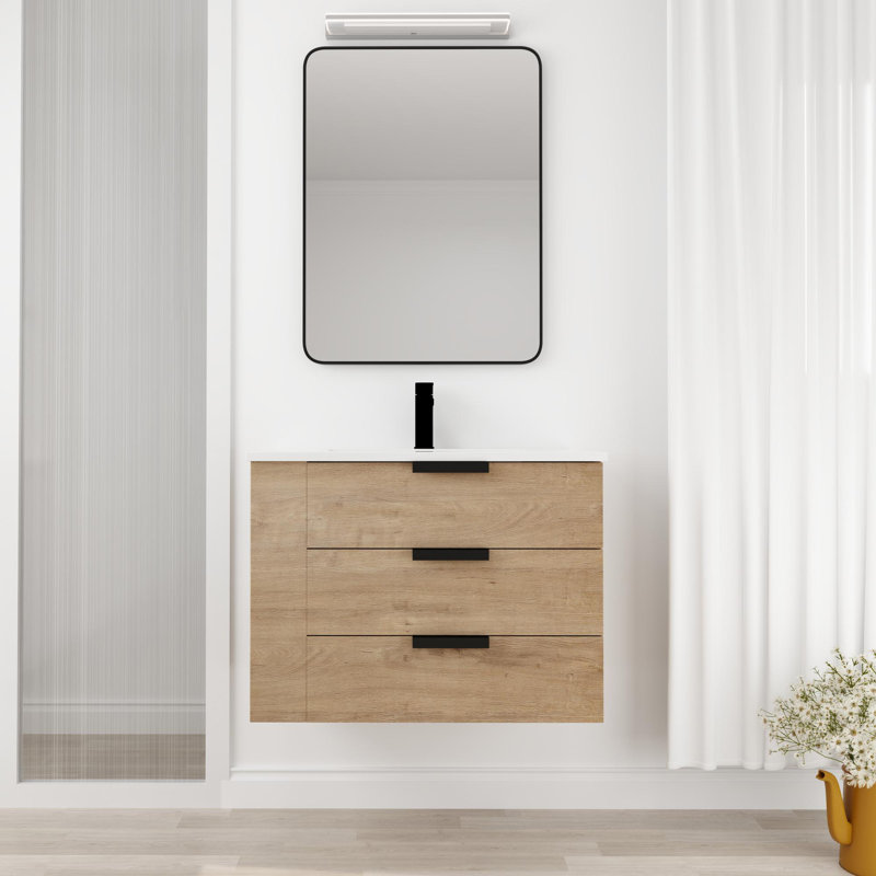 Meuble-lavabo mural de 30 pouces de style minimaliste avec lavabo en résine et tablettes latérales