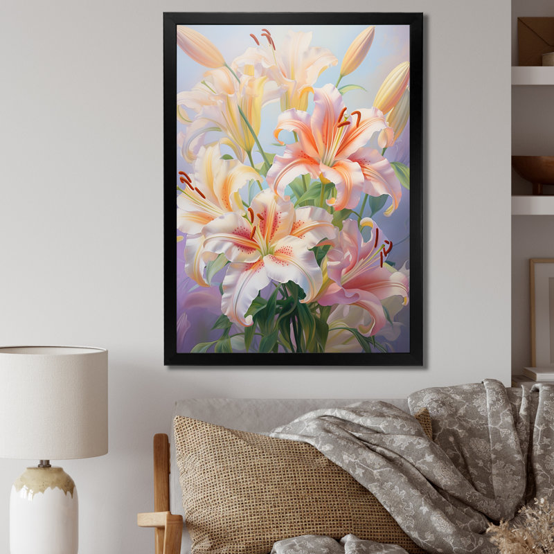 Impression romantique rose et lis rose et jaune, Cadre photo noir, H 32 po x l 16 po x P 1 po